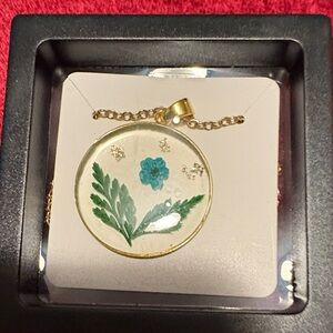 March birth month Handmade Gold Floral Resin Necklace with Blue Flower new